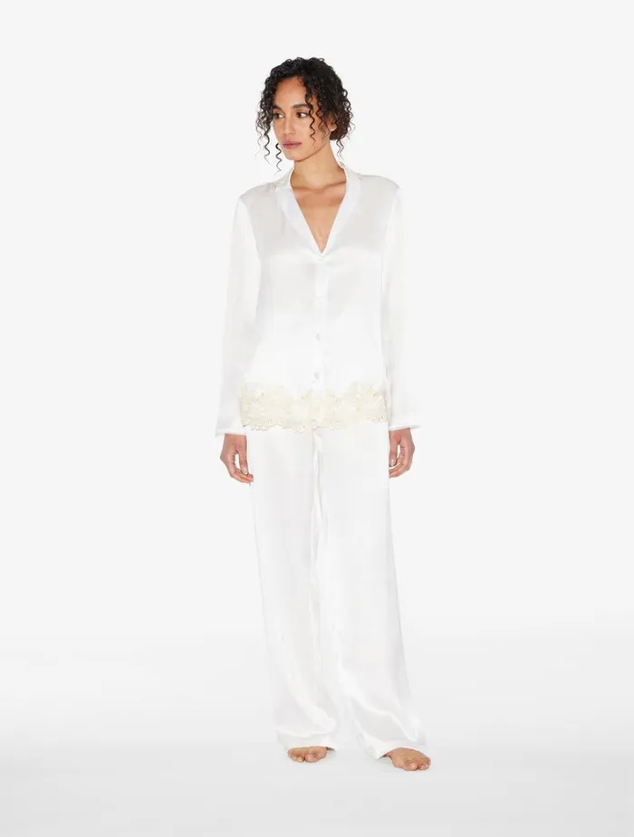 La Perla White Silk Long Pajamas With Frastaglio Women Pajamas