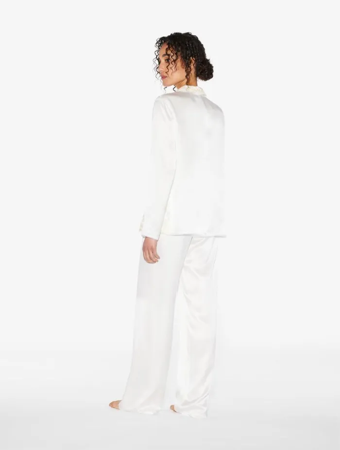 La Perla White Silk Long Pajamas With Frastaglio Women Pajamas