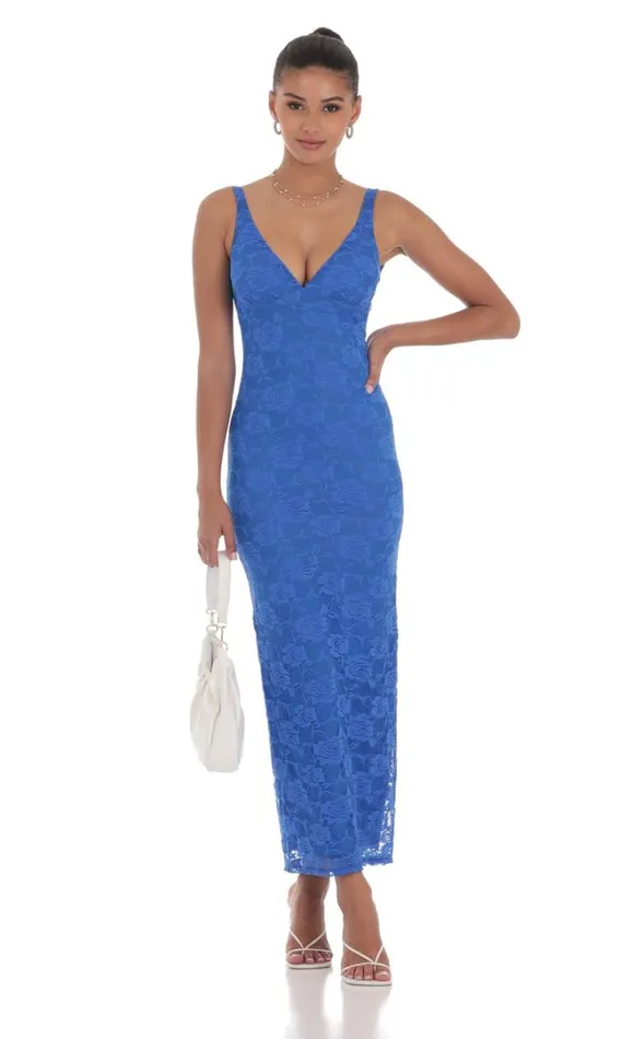 Lace Open Back Bodycon Maxi Dress Blue Women LUCY IN THE SKY Maxi Dresses