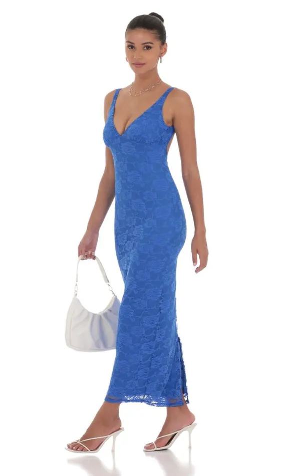 Lace Open Back Bodycon Maxi Dress Blue Women LUCY IN THE SKY Maxi Dresses