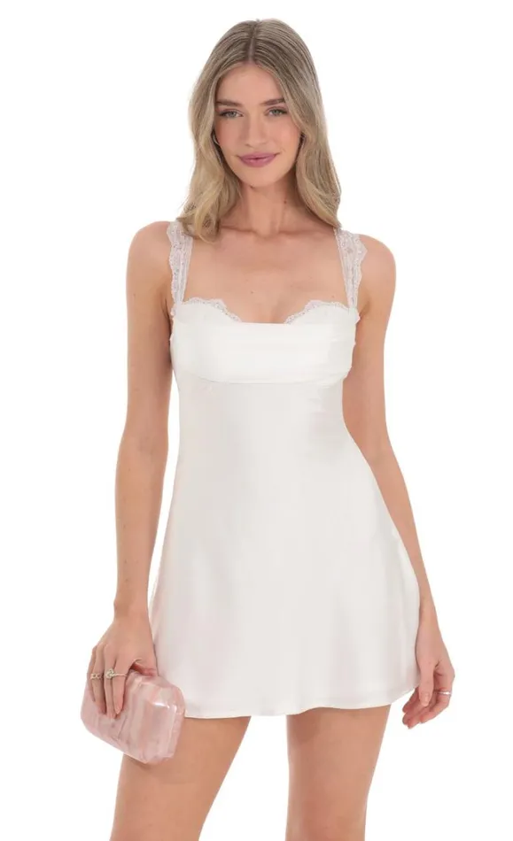 Lace Strap Satin Dress White Women LUCY IN THE SKY Mini Dresses