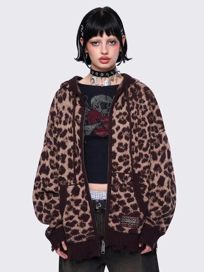 Leopard Knitted ZipUp Hoodie Women Minga London Knitwear