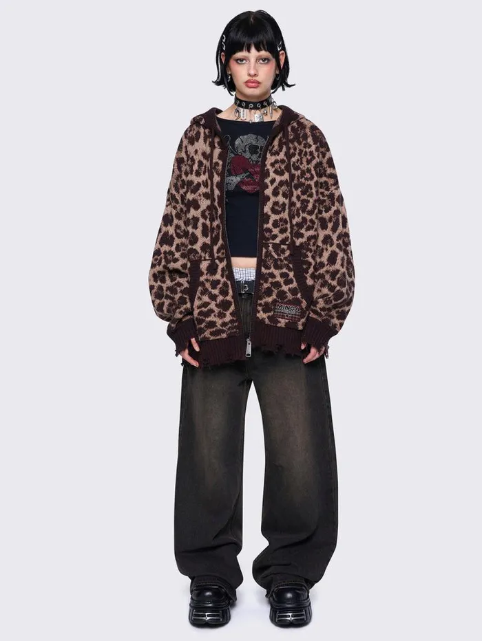 Leopard Knitted ZipUp Hoodie Women Minga London Knitwear