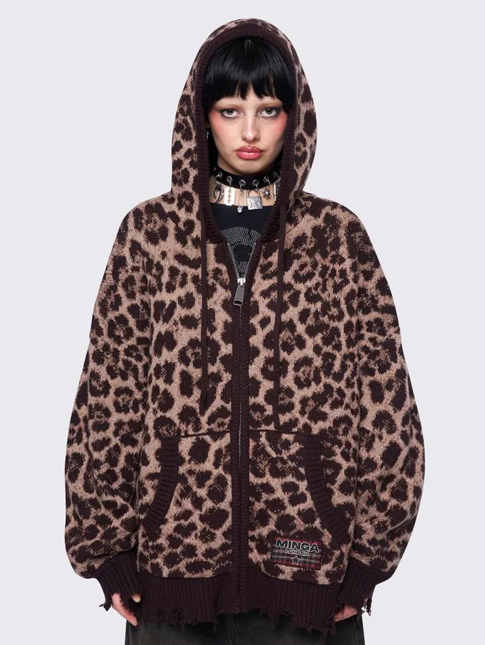 Leopard Knitted ZipUp Hoodie Women Minga London Knitwear