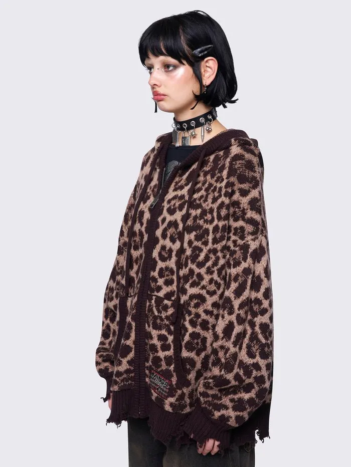 Leopard Knitted ZipUp Hoodie Women Minga London Knitwear