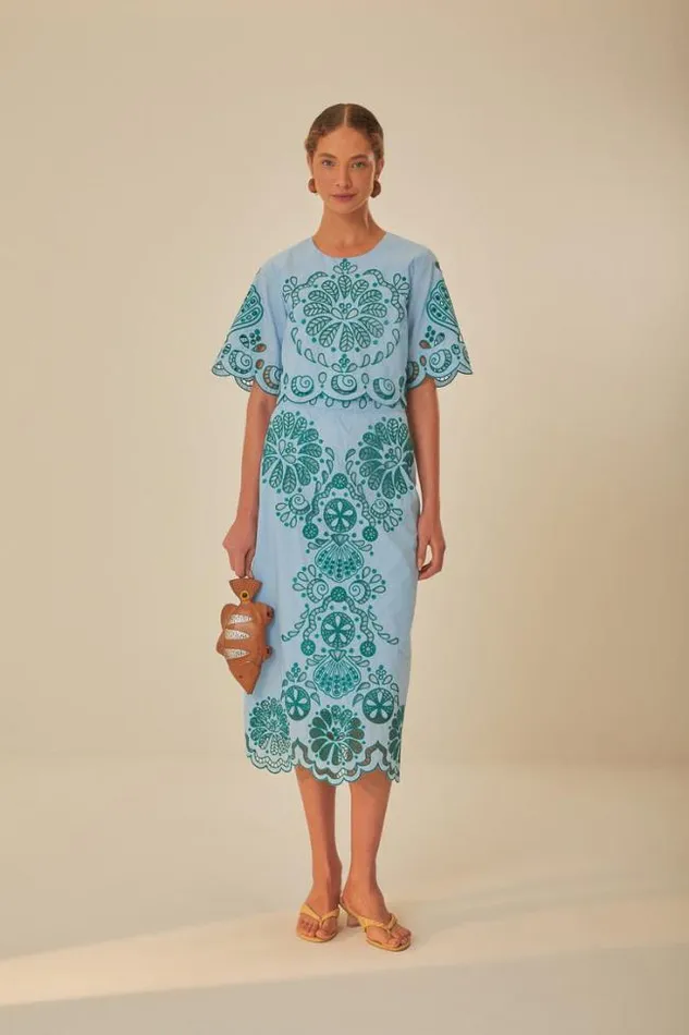 Light Blue And Green Graphic Richelieu Midi Skirt Women FARM Rio Skirts