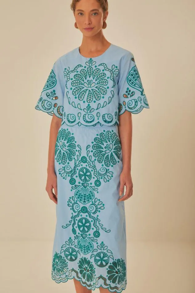 Light Blue And Green Graphic Richelieu Midi Skirt Women FARM Rio Skirts