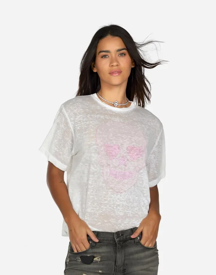 Linnea Pink Peace Love Skull White Burnout Women Lauren Moshi Short Sleeve