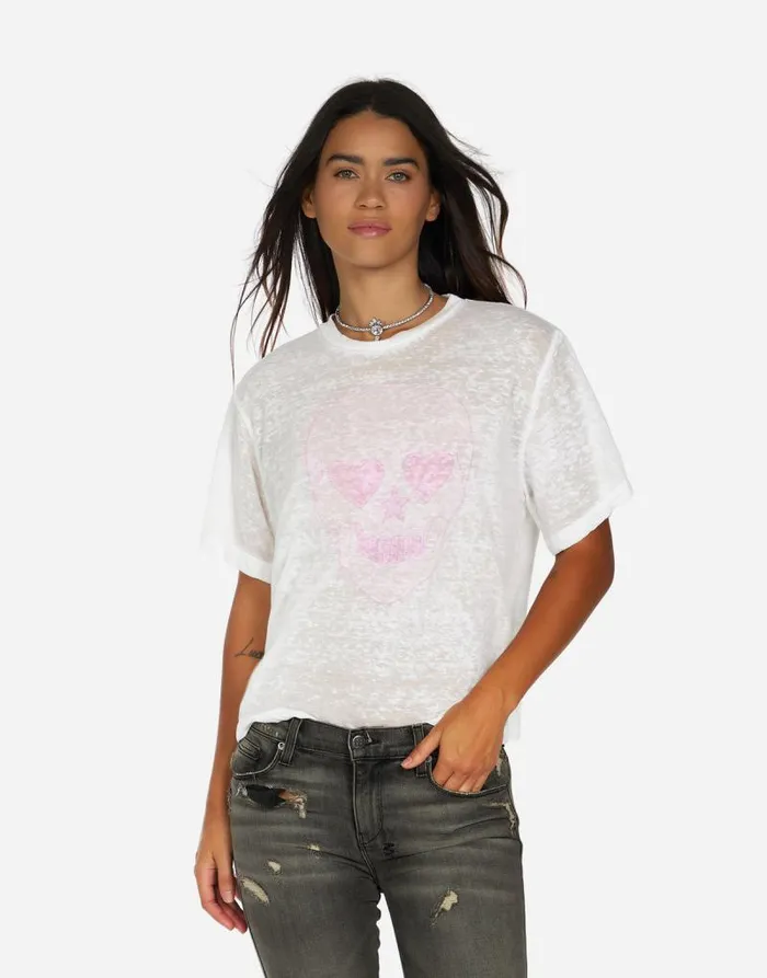 Linnea Pink Peace Love Skull White Burnout Women Lauren Moshi Short Sleeve
