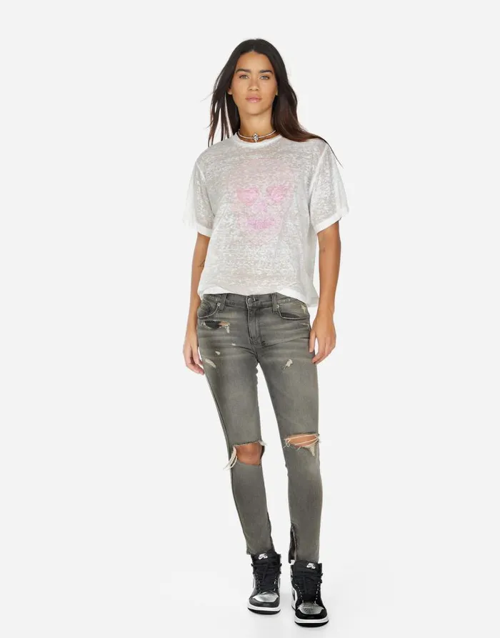 Linnea Pink Peace Love Skull White Burnout Women Lauren Moshi Short Sleeve