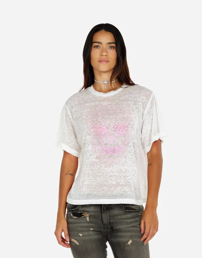 Linnea Pink Peace Love Skull White Burnout Women Lauren Moshi Short Sleeve