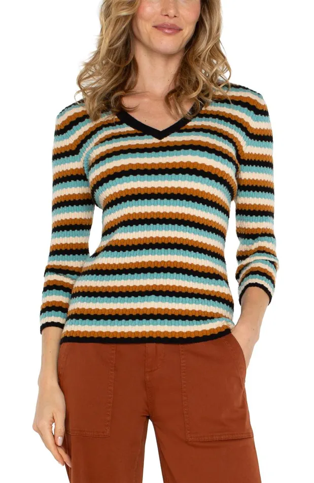 Liverpool Los Angeles Sweaters 34 SLEEVE VNECK SWEATER Ocean Multistripe 8211 Womens