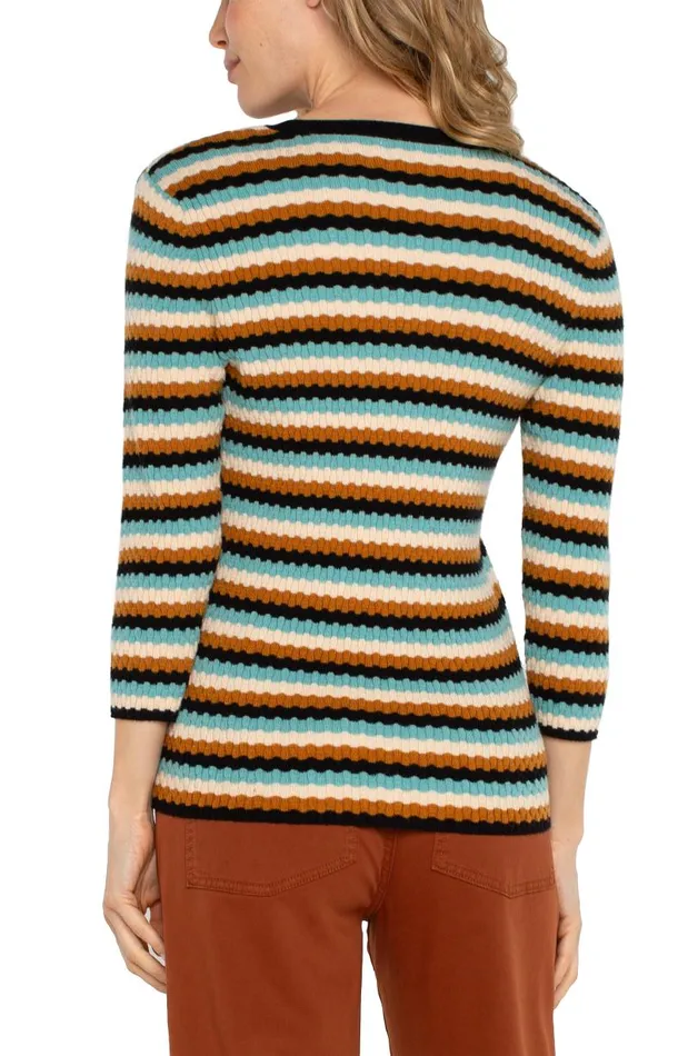 Liverpool Los Angeles Sweaters 34 SLEEVE VNECK SWEATER Ocean Multistripe 8211 Womens