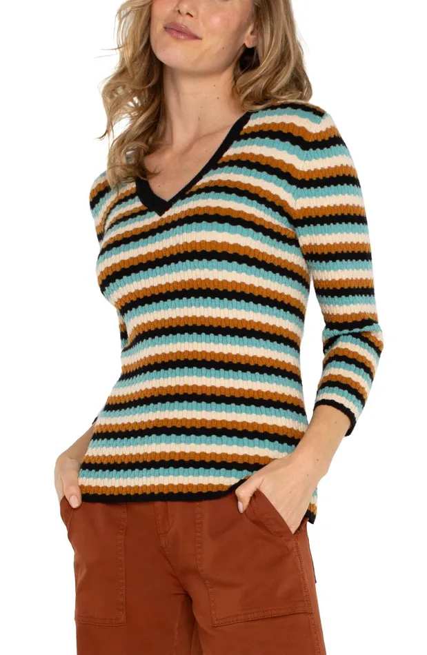 Liverpool Los Angeles Sweaters 34 SLEEVE VNECK SWEATER Ocean Multistripe 8211 Womens