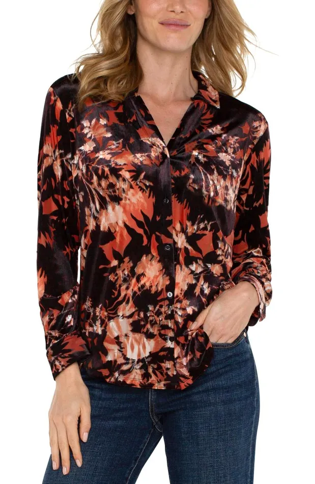 Liverpool Los Angeles Tops LONG SLEEVE BUTTON FRONT KNIT SHIRT Fire Opal Burntout 8211 Womens