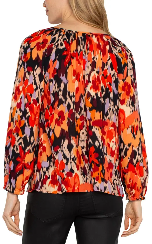 Liverpool Los Angeles Tops LONG SLEEVE SHIRRED WOVEN BLOUSE Burnt Orange Floral 8211 Womens