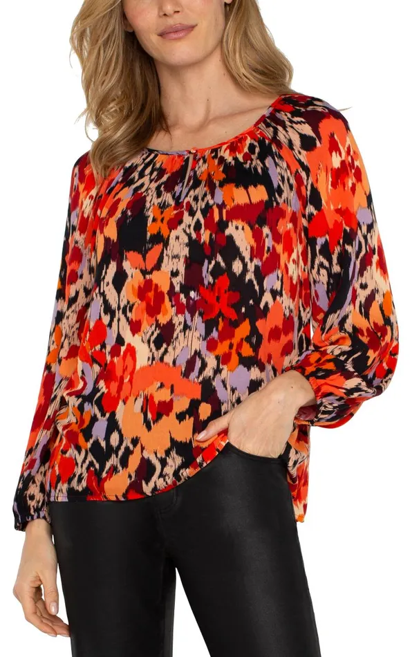 Liverpool Los Angeles Tops LONG SLEEVE SHIRRED WOVEN BLOUSE Burnt Orange Floral 8211 Womens