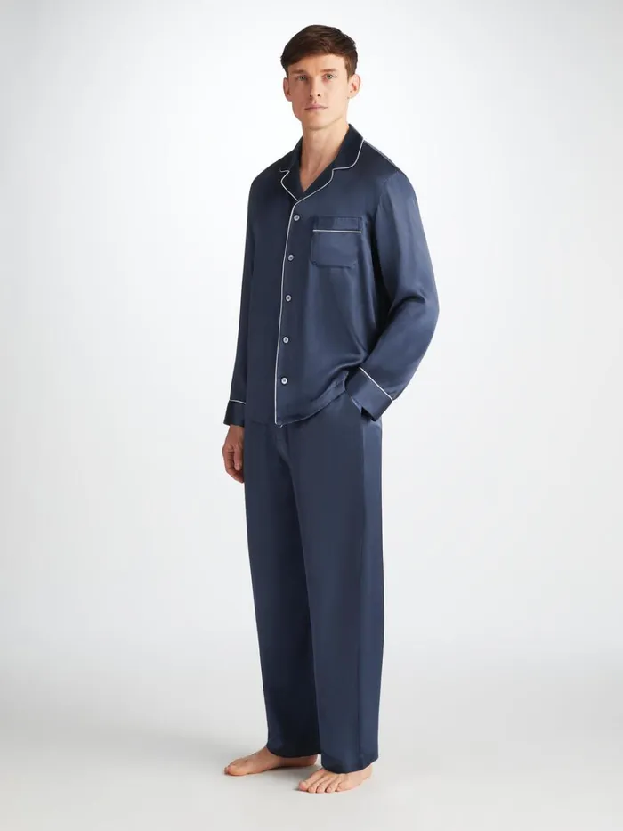 Long Pajamas Men Derek Rose Pajamas Bailey Silk Satin Navy