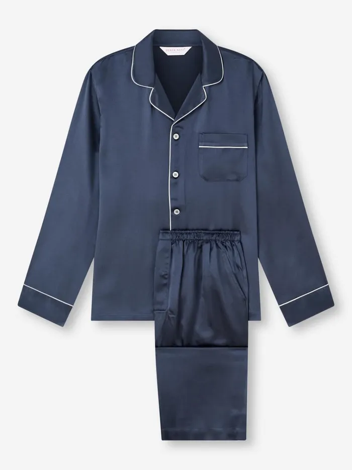 Long Pajamas Men Derek Rose Pajamas Bailey Silk Satin Navy