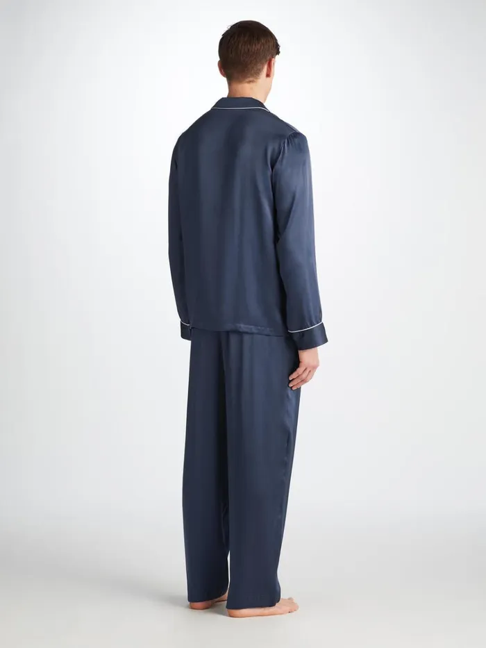 Long Pajamas Men Derek Rose Pajamas Bailey Silk Satin Navy