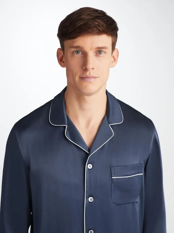Long Pajamas Men Derek Rose Pajamas Bailey Silk Satin Navy