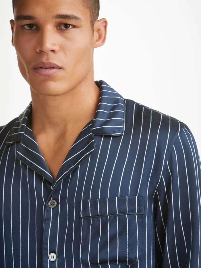 Long Pajamas Men Derek Rose Pajamas Brindisi 102 Silk Satin Navy