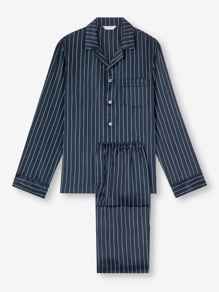 Long Pajamas Men Derek Rose Pajamas Brindisi 102 Silk Satin Navy