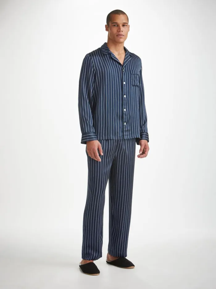 Long Pajamas Men Derek Rose Pajamas Brindisi 102 Silk Satin Navy