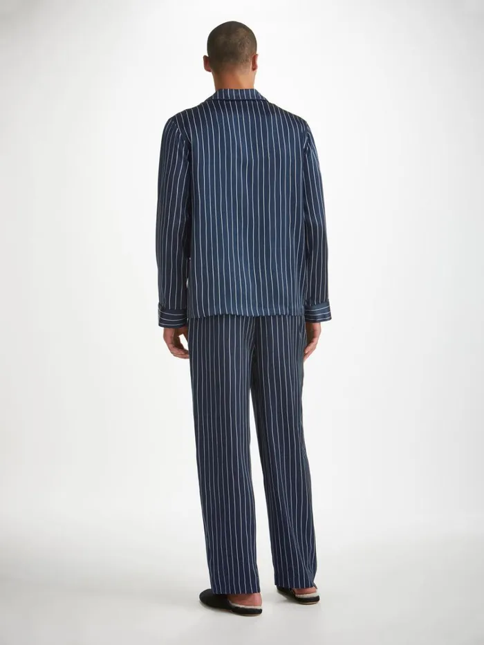 Long Pajamas Men Derek Rose Pajamas Brindisi 102 Silk Satin Navy