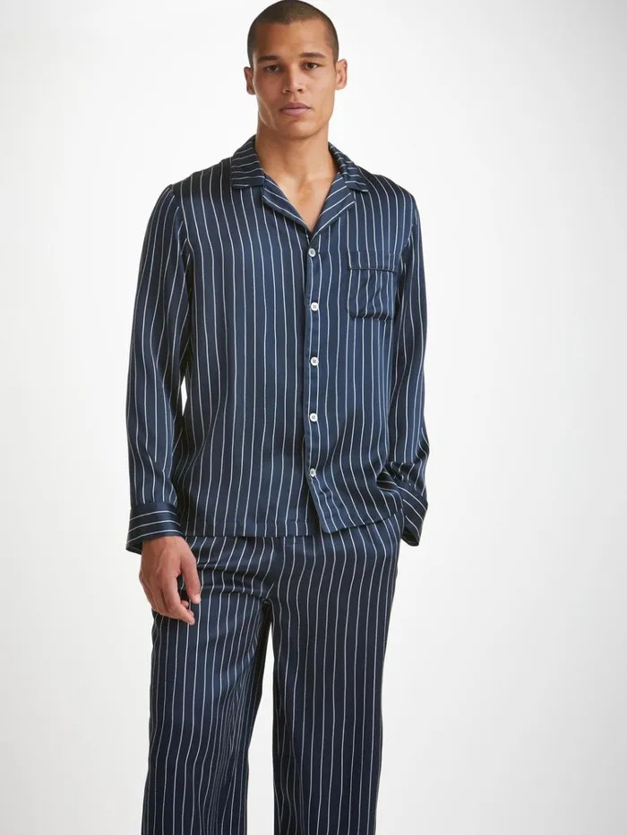 Long Pajamas Men Derek Rose Pajamas Brindisi 102 Silk Satin Navy