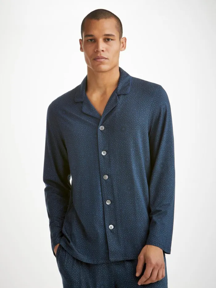 Long Pajamas Men Derek Rose Pajamas London 12 Micro Modal Navy