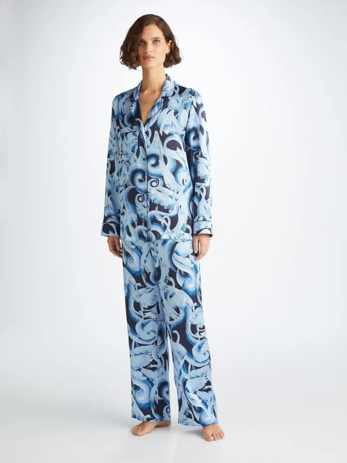 Long Pajamas Women Derek Rose Pajamas Brindisi 104 Silk Satin Navy