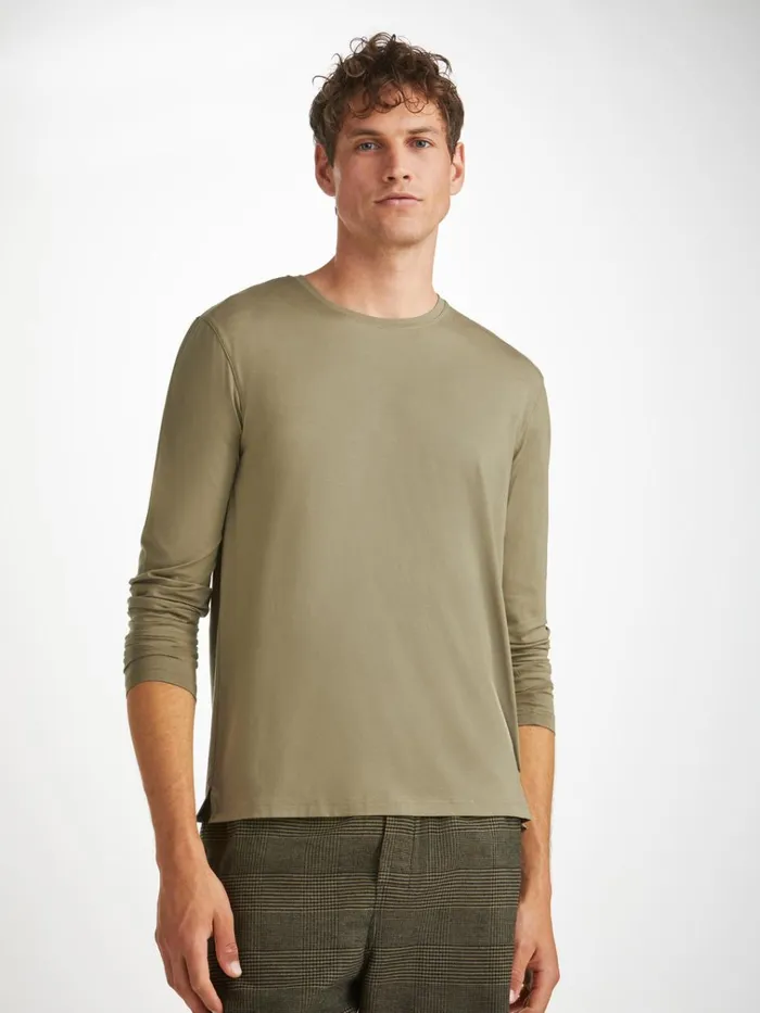 Long Sleeve TShirts Men Derek Rose Long Sleeve TShirt Basel Micro Modal Stretch Khaki