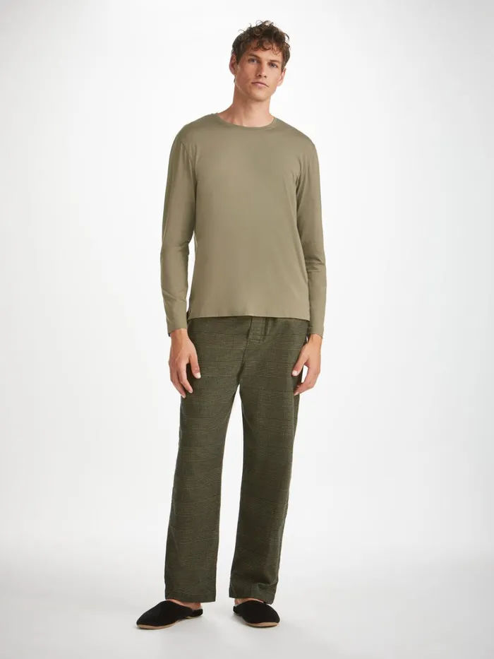 Long Sleeve TShirts Men Derek Rose Long Sleeve TShirt Basel Micro Modal Stretch Khaki