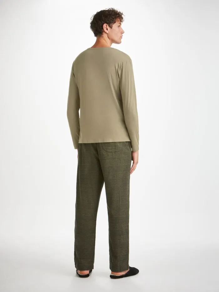 Long Sleeve TShirts Men Derek Rose Long Sleeve TShirt Basel Micro Modal Stretch Khaki