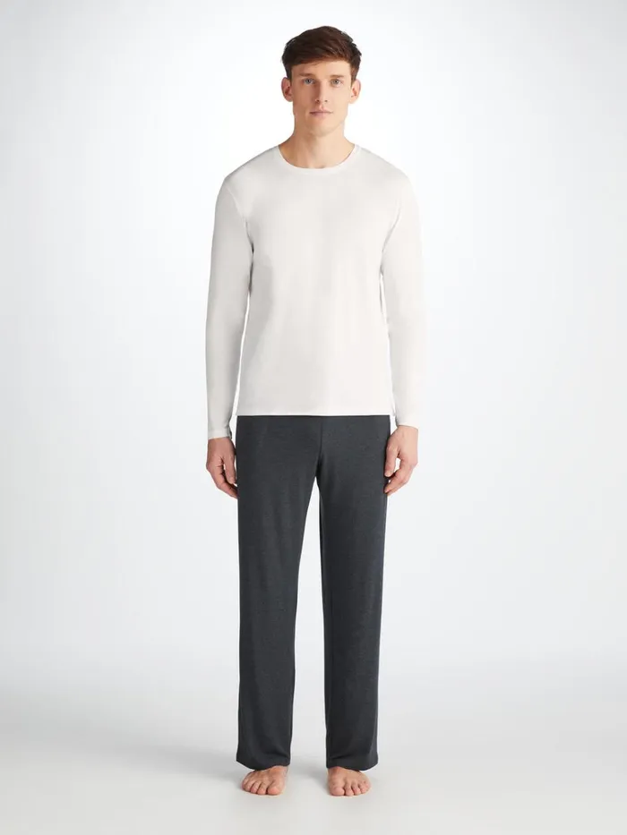 Long Sleeve TShirts Men Derek Rose Long Sleeve TShirt Basel Micro Modal Stretch White
