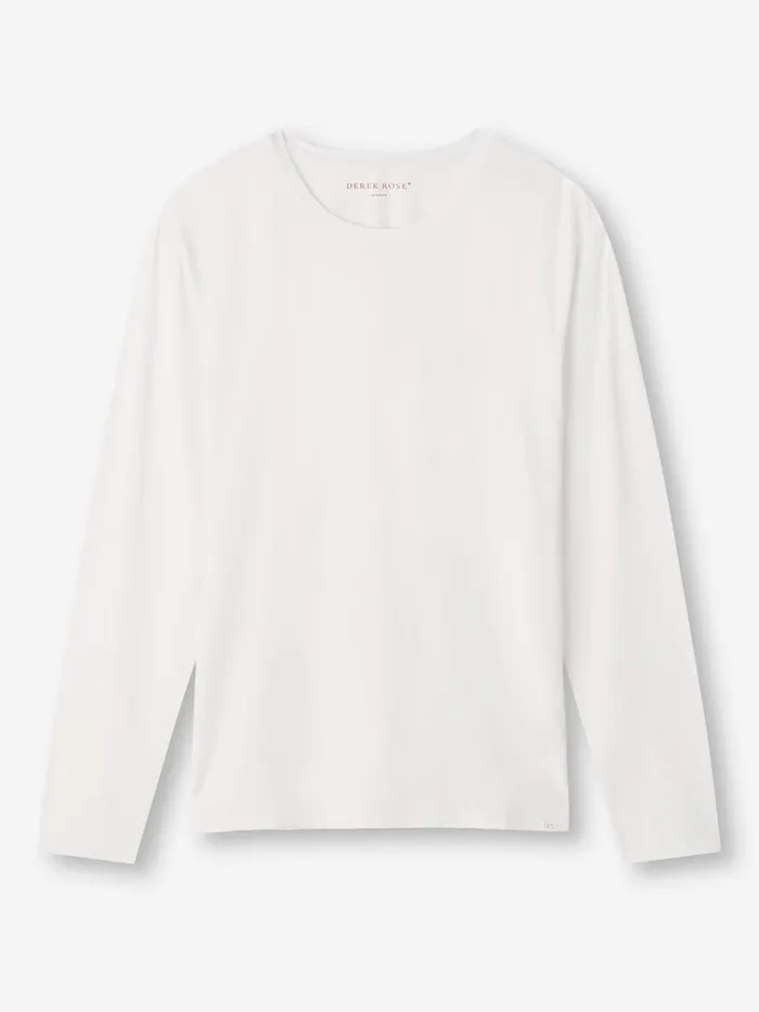 Long Sleeve TShirts Men Derek Rose Long Sleeve TShirt Basel Micro Modal Stretch White