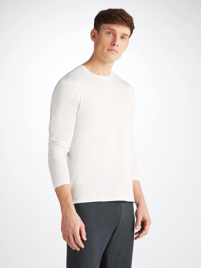 Long Sleeve TShirts Men Derek Rose Long Sleeve TShirt Basel Micro Modal Stretch White