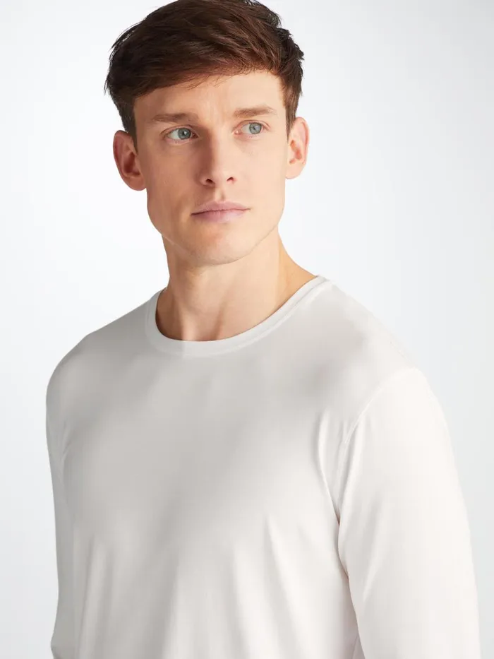 Long Sleeve TShirts Men Derek Rose Long Sleeve TShirt Basel Micro Modal Stretch White