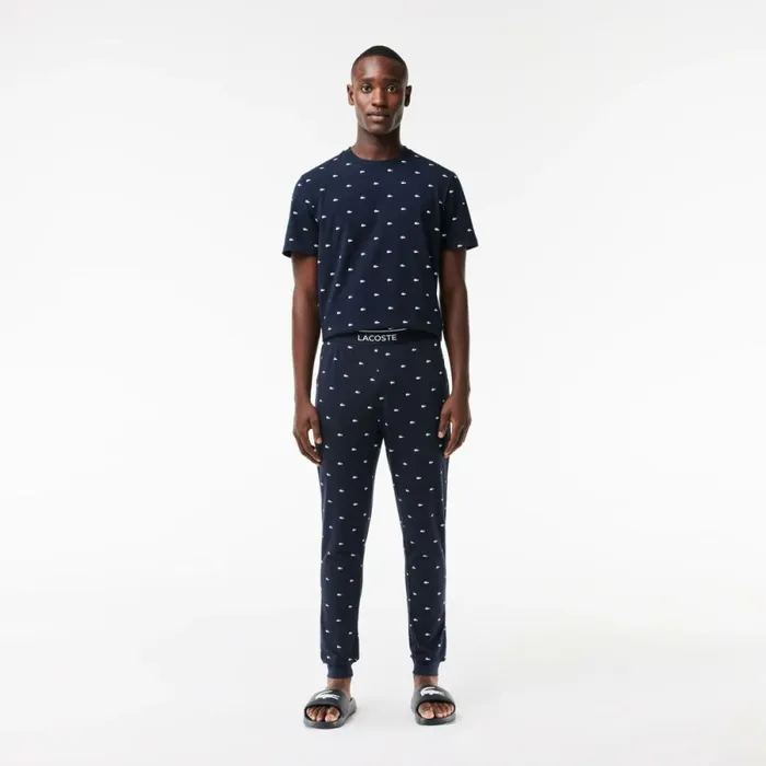 Loungewear and Pajamas Men Lacoste Mens Croc Pattern Stretch Cotton Pajama Pants Navy Blue White 525