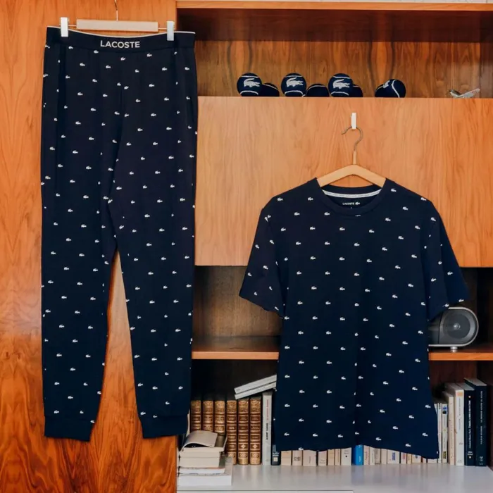 Loungewear and Pajamas Men Lacoste Mens Croc Pattern Stretch Cotton Pajama Pants Navy Blue White 525