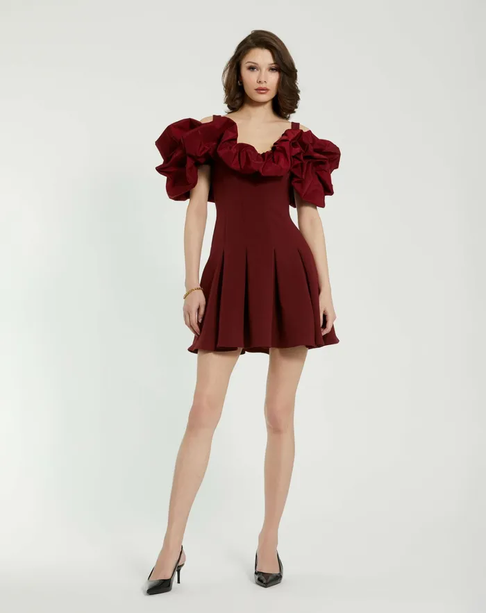 Mac Duggal Crepe Godet Hem Mini Dress With Faille Ruffle Oxblood Women Every Day Dresses