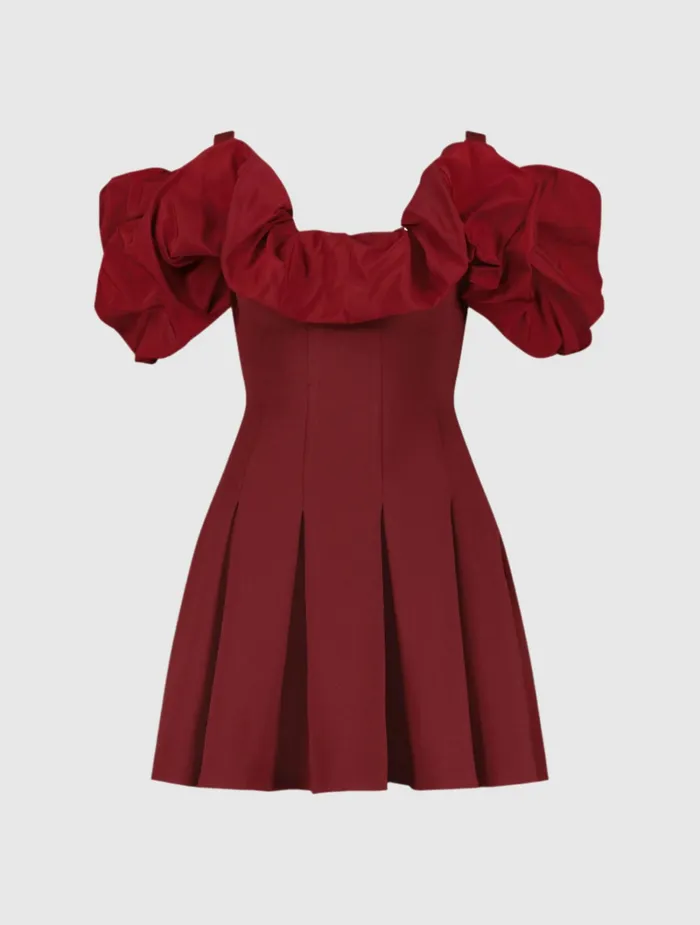 Mac Duggal Crepe Godet Hem Mini Dress With Faille Ruffle Oxblood Women Every Day Dresses