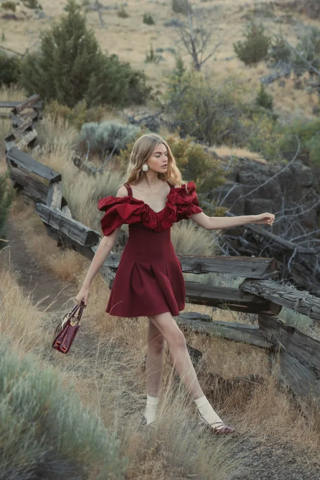 Mac Duggal Crepe Godet Hem Mini Dress With Faille Ruffle Oxblood Women Every Day Dresses