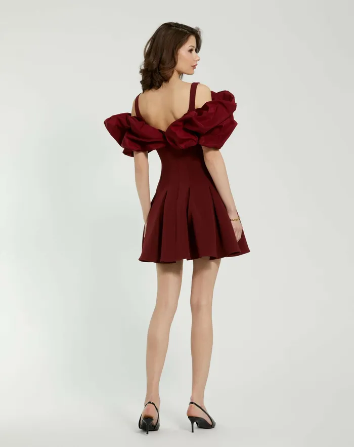 Mac Duggal Crepe Godet Hem Mini Dress With Faille Ruffle Oxblood Women Every Day Dresses