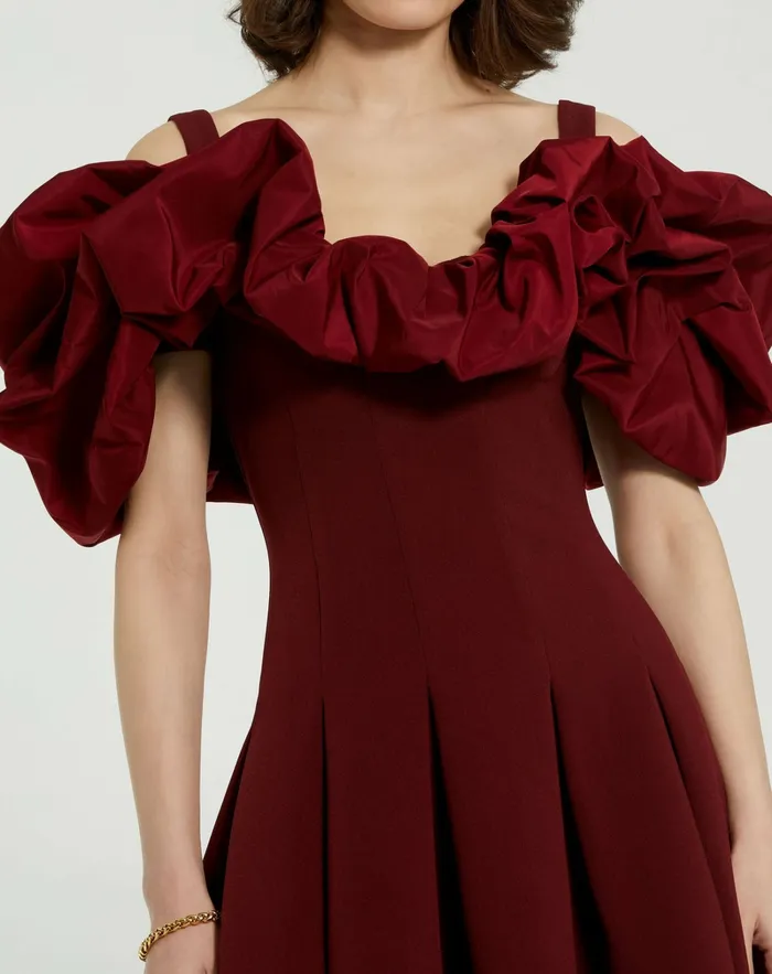 Mac Duggal Crepe Godet Hem Mini Dress With Faille Ruffle Oxblood Women Every Day Dresses