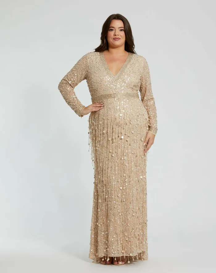 Mac Duggal Embellished Fringe Long Sleeve Gown Nude Gold Women Evening Gowns