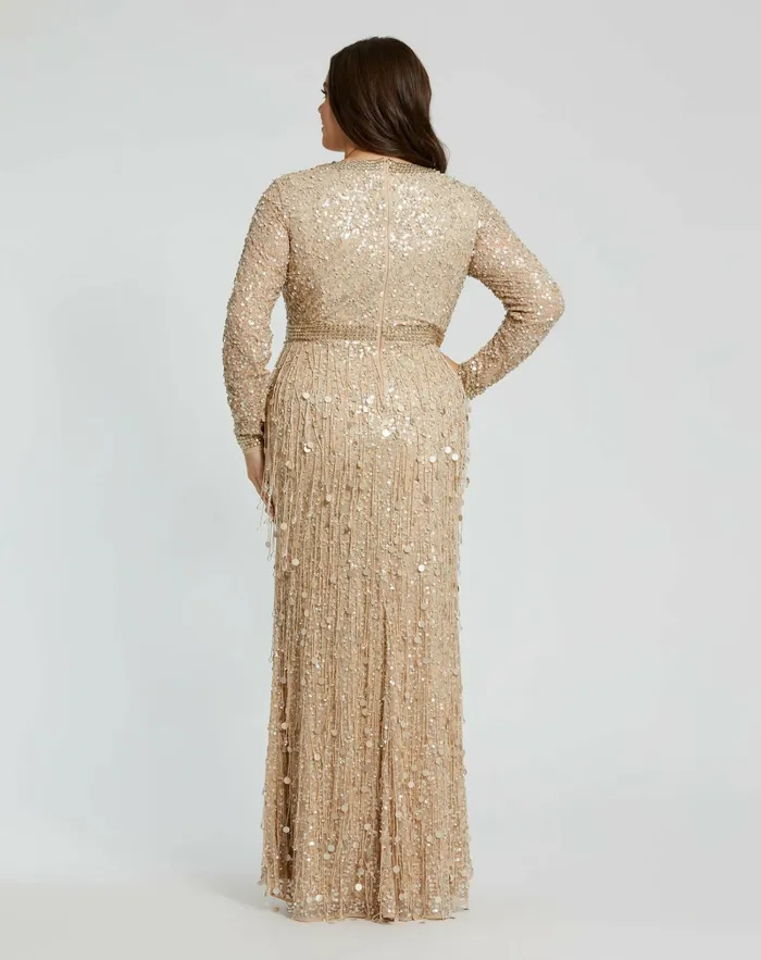 Mac Duggal Embellished Fringe Long Sleeve Gown Nude Gold Women Evening Gowns