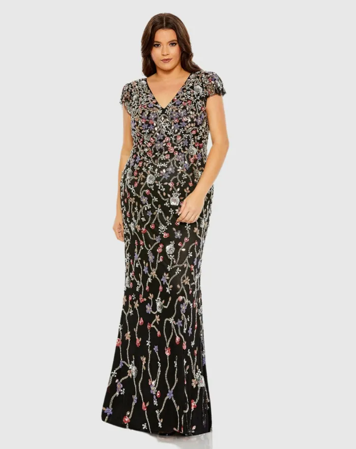 Mac Duggal Plus Size Dresses Women Embellished Flutter Cap Sleeve V Neck Gown Black Multi