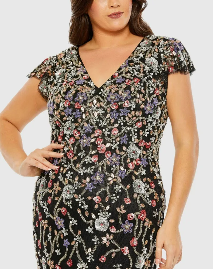 Mac Duggal Plus Size Dresses Women Embellished Flutter Cap Sleeve V Neck Gown Black Multi Mac Duggal Plus Size Dresses Women Embellished Flutter Cap Sleeve V Neck Gown Black Multi